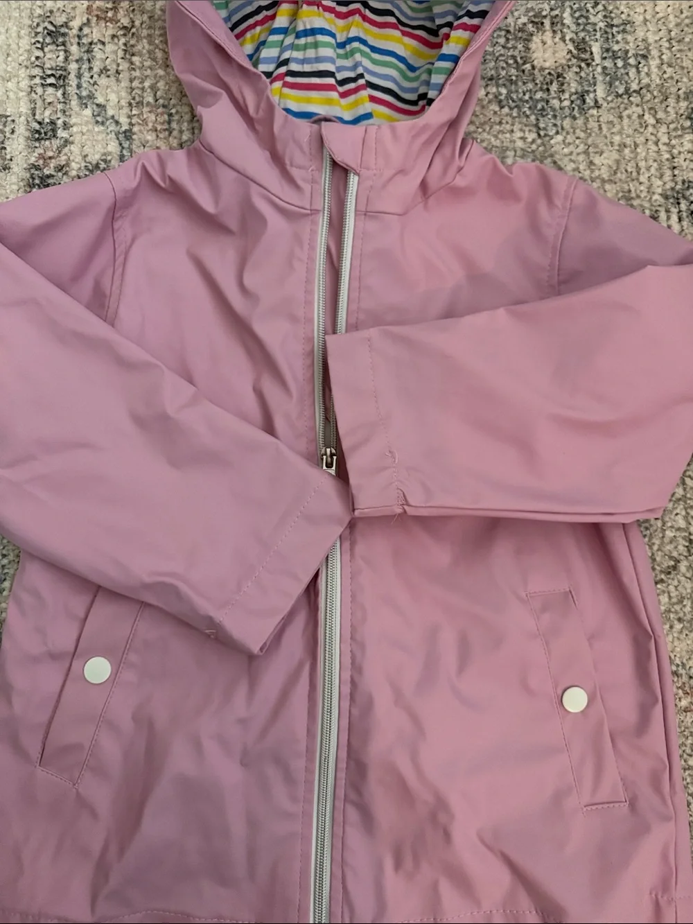 Girls' Pink Hooded Raincoat with Striped Lining